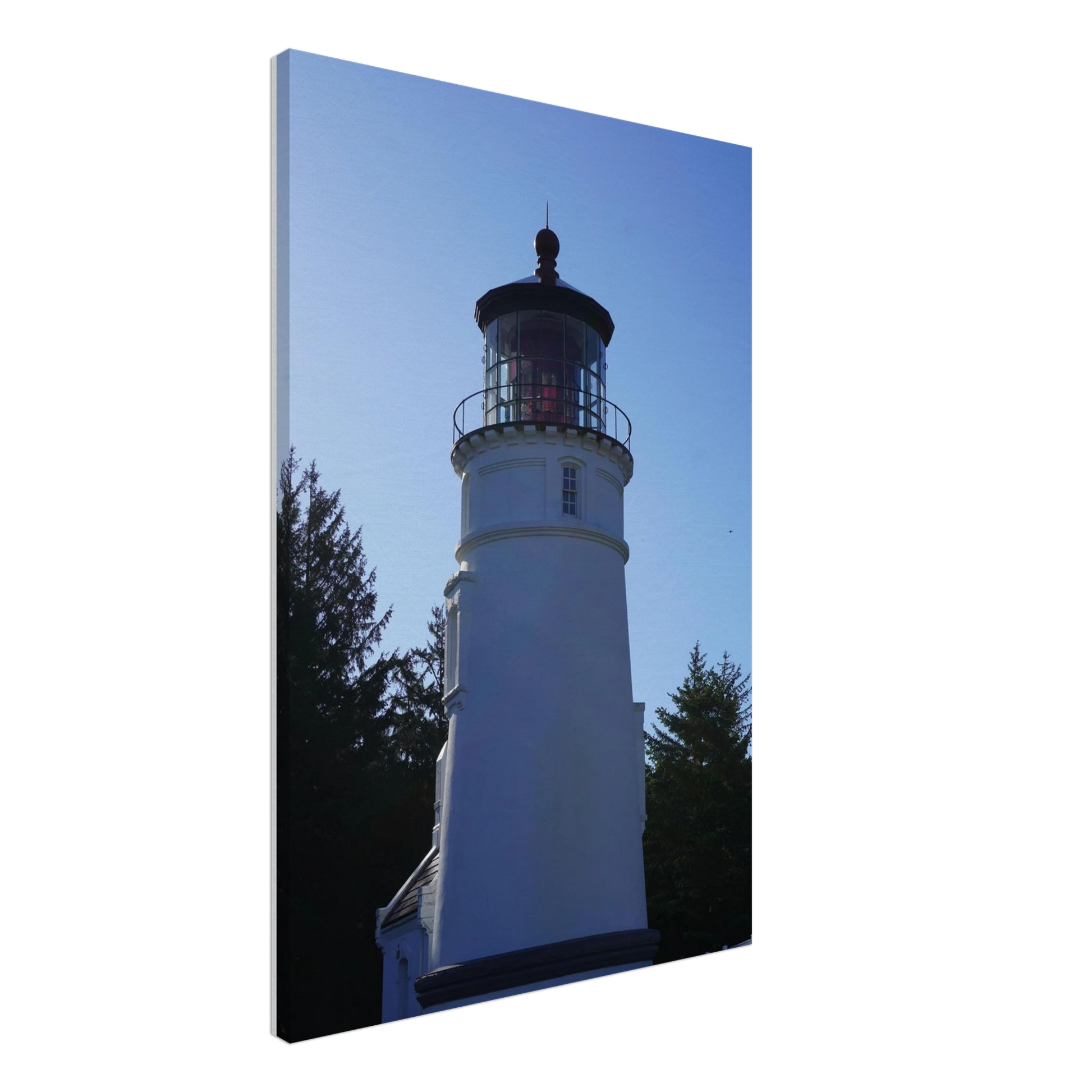 Umpqua River Lighthouse on the Oregon coast beneath a clear blue sky as canvas wall art.