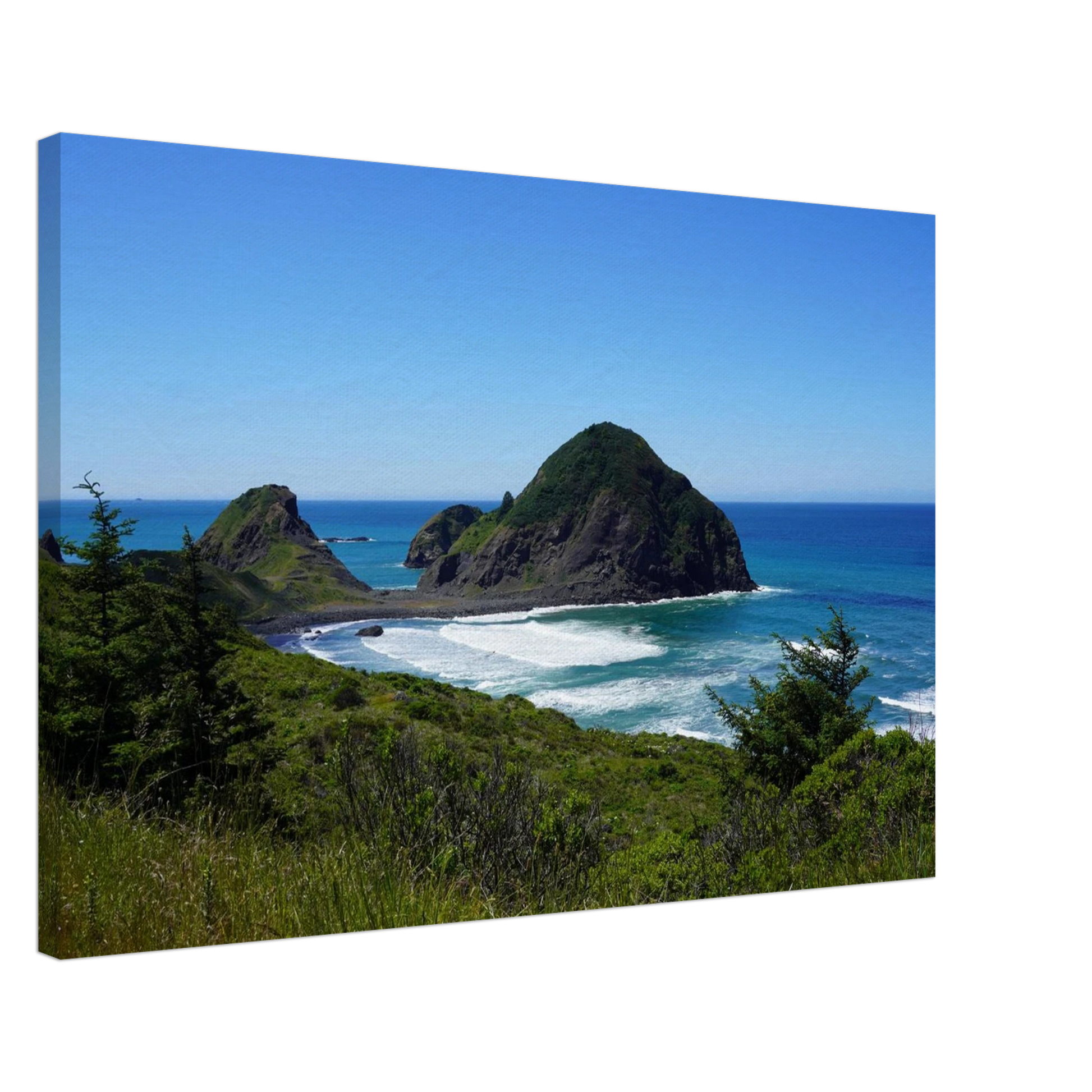 Oregon coast sea stack and blue Pacific shoreline viewed from above as canvas wall art.