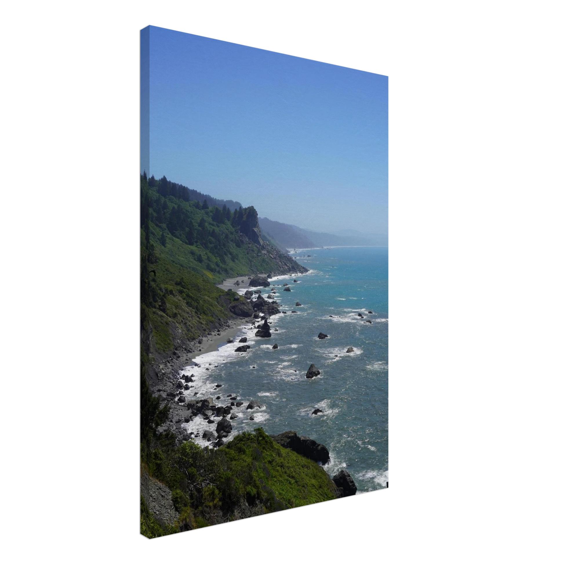 High bluff overlook of rocky Oregon coastline and blue Pacific water as canvas wall art.