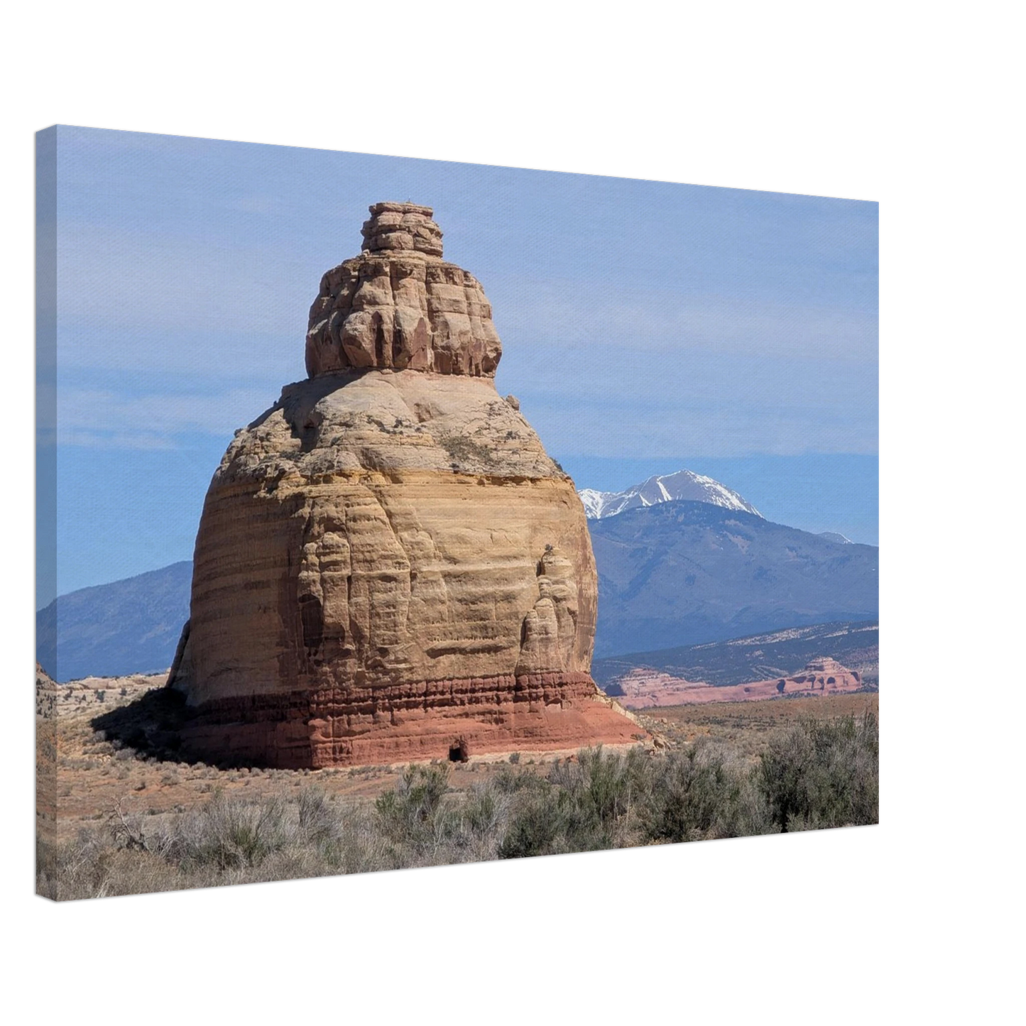 Church Rock near Monticello Utah with distant mountains as Southwest canvas wall art.