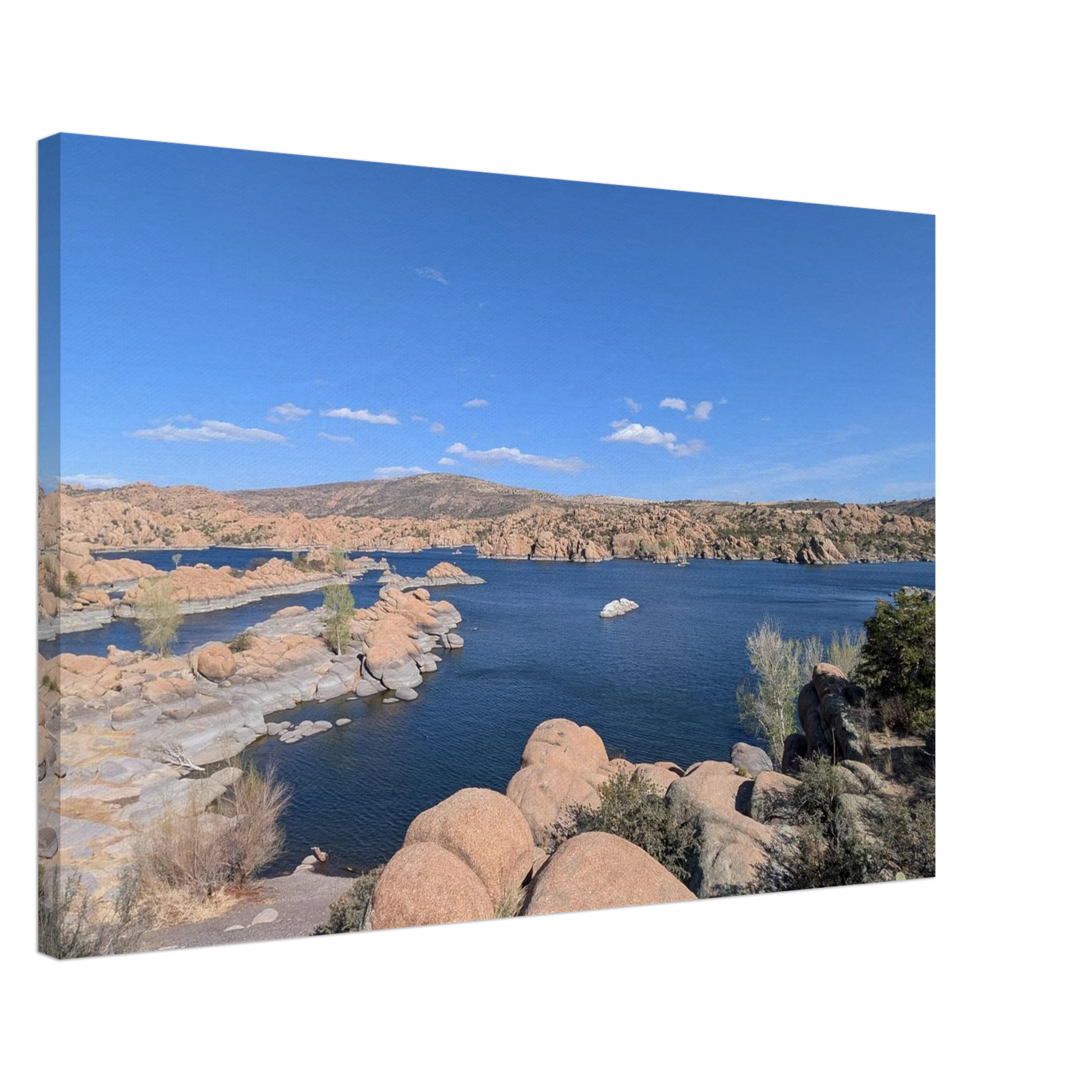 Watson Lake Arizona with blue water and desert rock formations as premium canvas wall art.