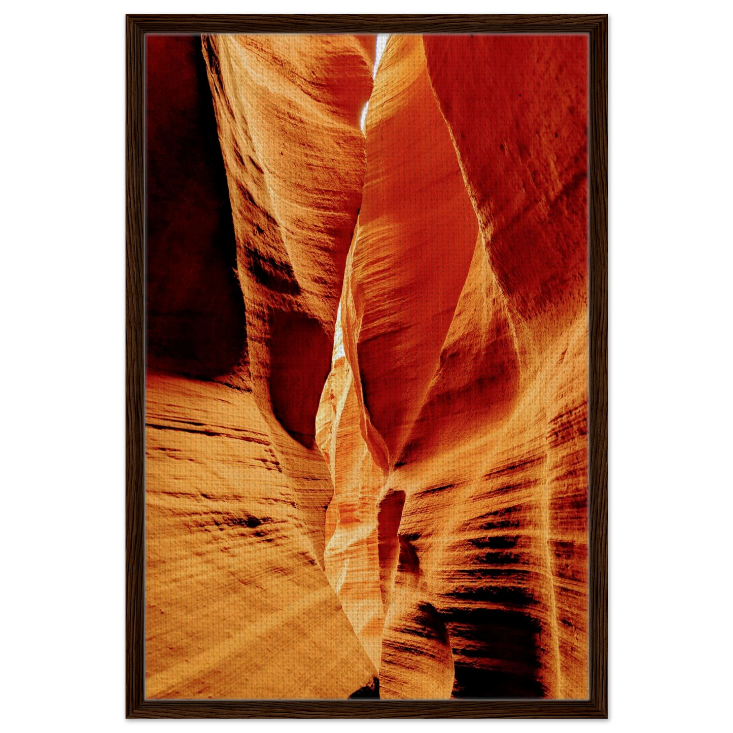 Sunlit sandstone walls inside a dramatic Arizona slot canyon landscape photograph printed as premium canvas wall art.