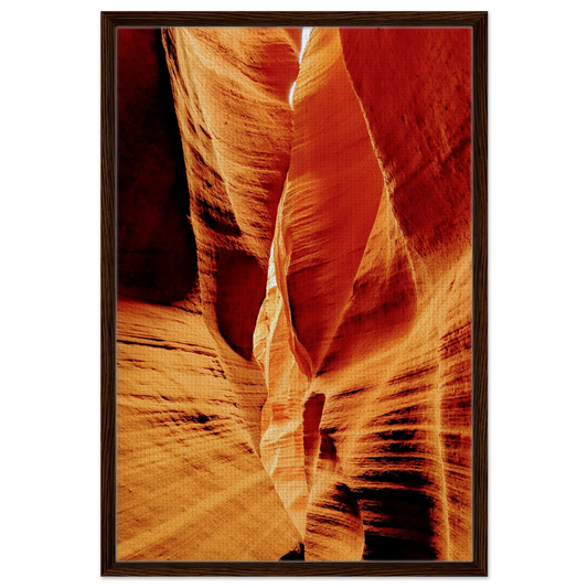 Sunlit sandstone walls inside a dramatic Arizona slot canyon landscape photograph printed as premium canvas wall art.