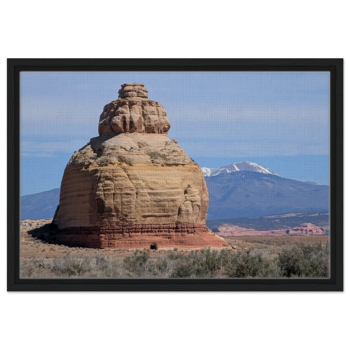 Church Rock near Monticello Utah with distant mountains as Southwest canvas wall art.