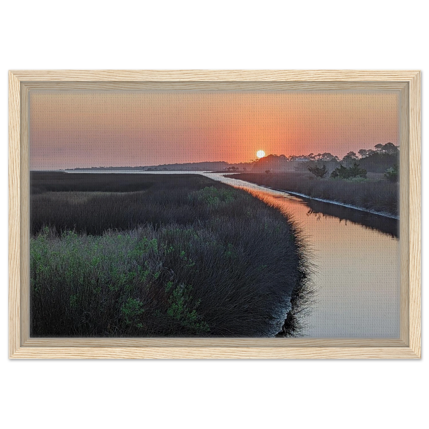 Golden sunset reflecting across a quiet coastal marsh waterway captured as premium landscape wall art.