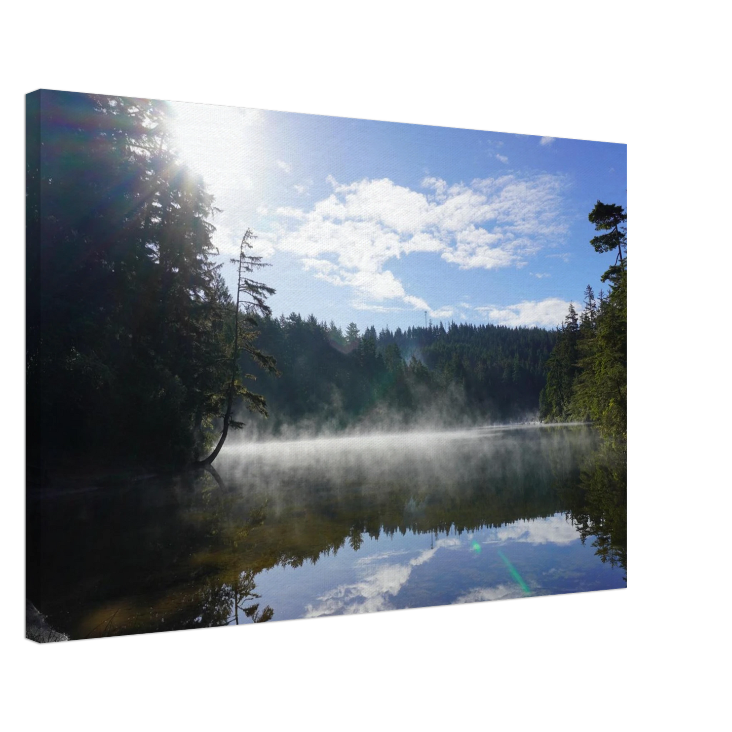 Morning mist rising over a reflective Oregon lake with forest and sunlight as canvas wall art.
