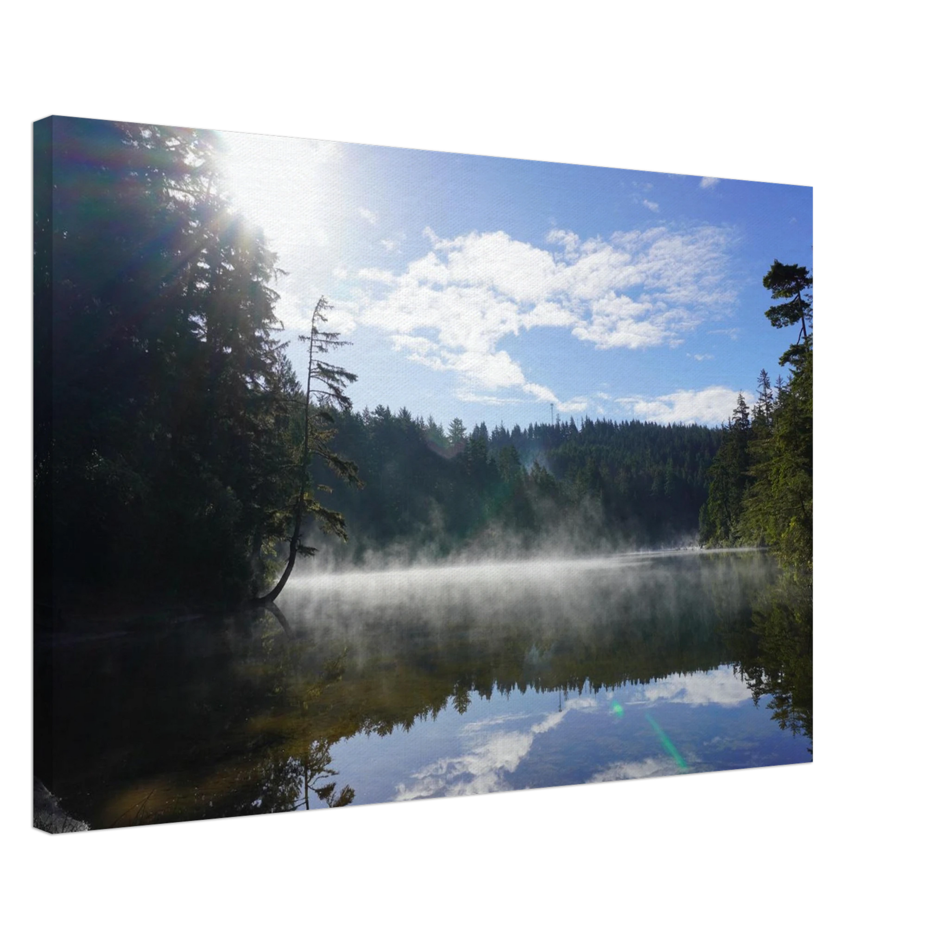 Morning mist rising over a reflective Oregon lake with forest and sunlight as canvas wall art.