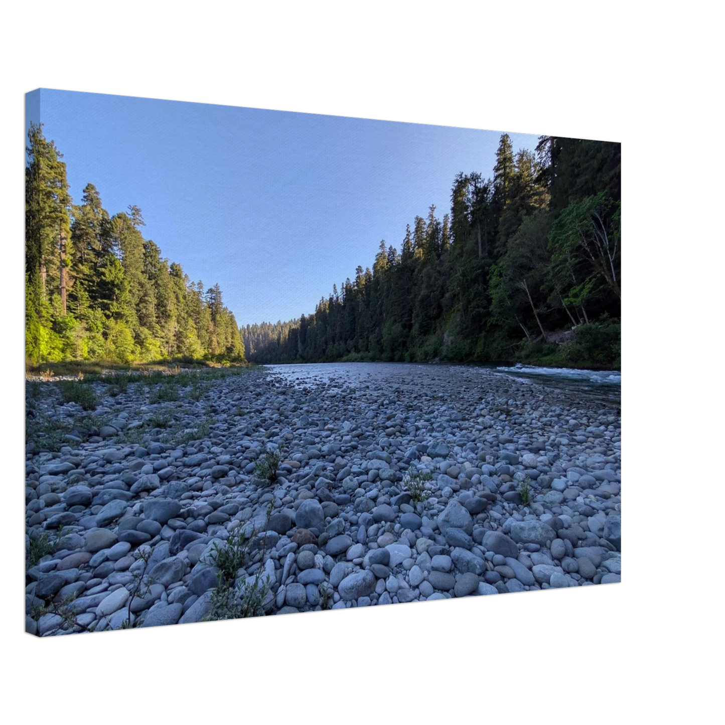 Smith River with rocky riverbed and forested canyon walls in Northern California as canvas wall art.