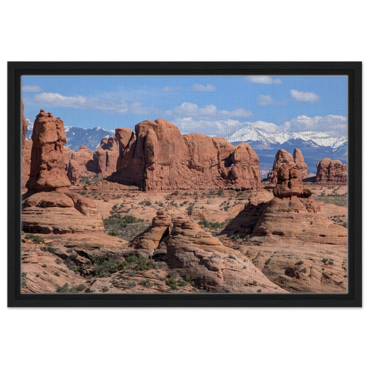 Red rock formations at Garden of Eden in Arches National Park with snowy mountains in the distance as canvas wall art.