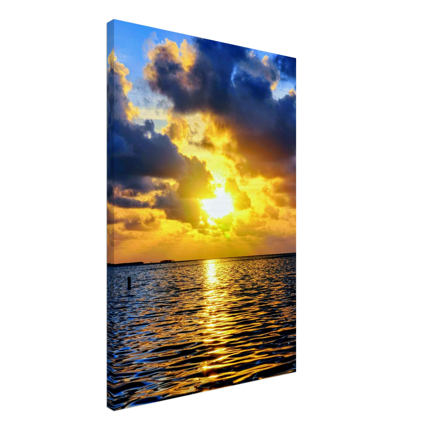 Golden sunset breaking through dramatic clouds over Crystal Beach in Palm Harbor, Florida, with light reflecting across Gulf waters.