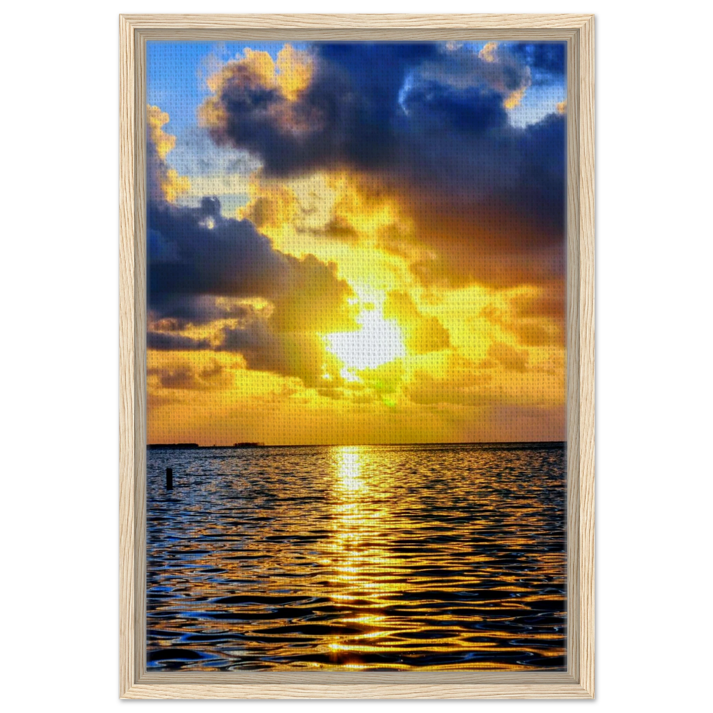 Golden sunset breaking through dramatic clouds over Crystal Beach in Palm Harbor, Florida, with light reflecting across Gulf waters.
