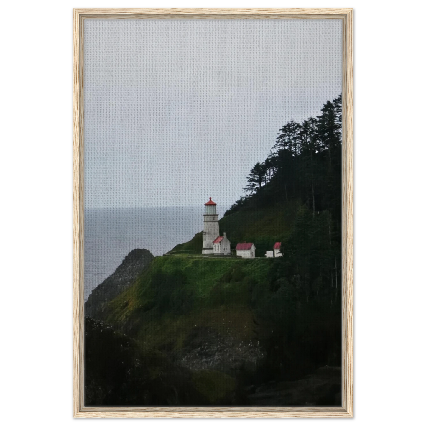 Heceta Head Lighthouse on a misty Oregon coast hillside above the Pacific as canvas wall art.