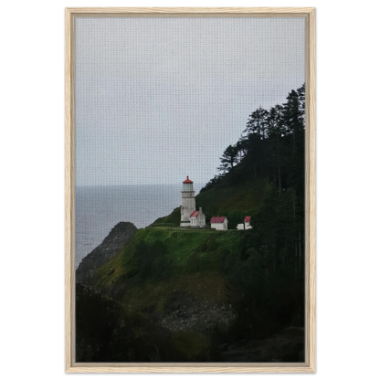 Heceta Head Lighthouse on a misty Oregon coast hillside above the Pacific as canvas wall art.