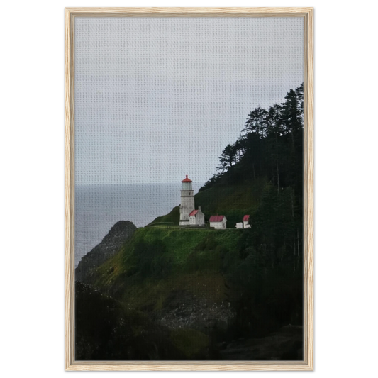 Heceta Head Lighthouse on a misty Oregon coast hillside above the Pacific as canvas wall art.