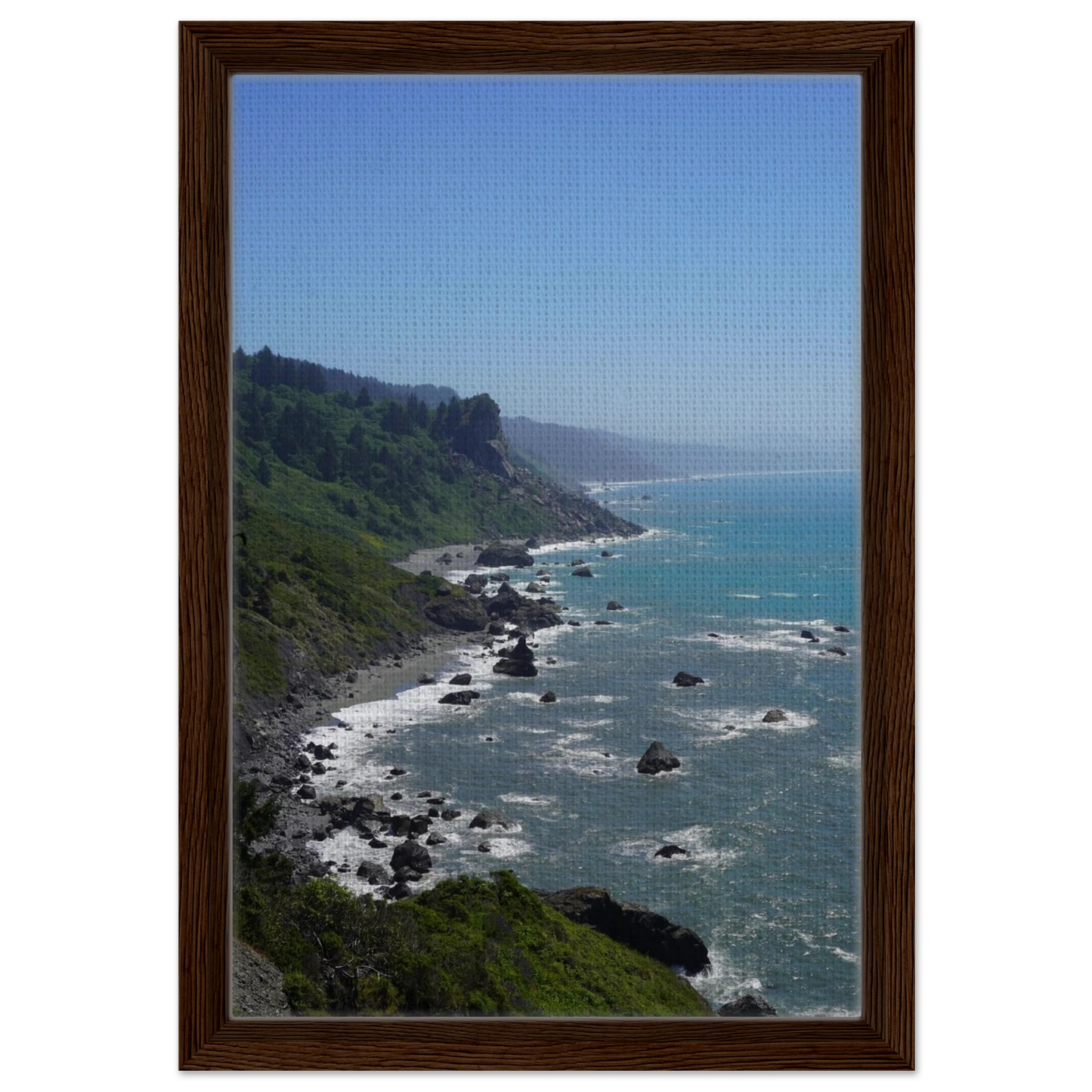 High bluff overlook of rocky Oregon coastline and blue Pacific water as canvas wall art.
