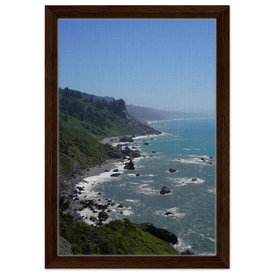 High bluff overlook of rocky Oregon coastline and blue Pacific water as canvas wall art.