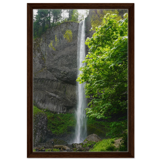 Latourell Falls dropping beside mossy basalt cliffs and green forest as canvas wall art.