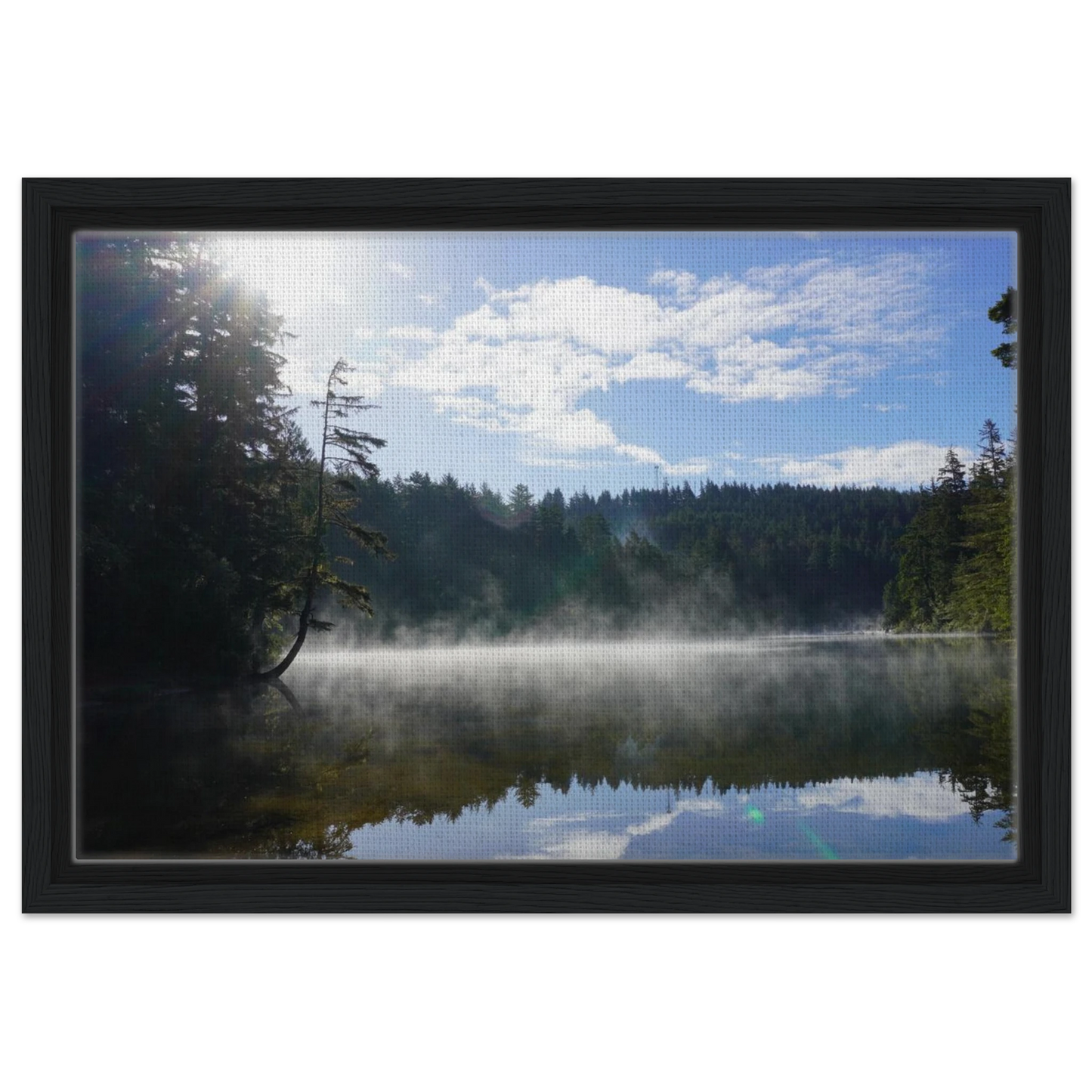 Morning mist rising over a reflective Oregon lake with forest and sunlight as canvas wall art.