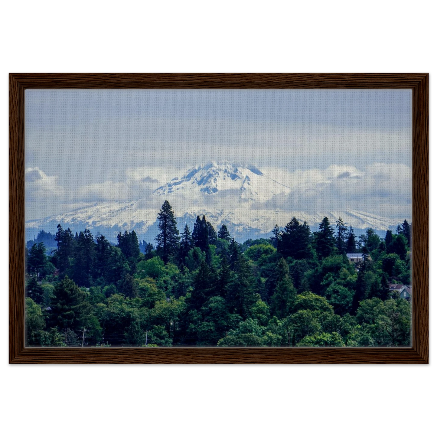 Snow-covered Mount Hood rising above green Oregon trees as premium Pacific Northwest mountain canvas wall art.