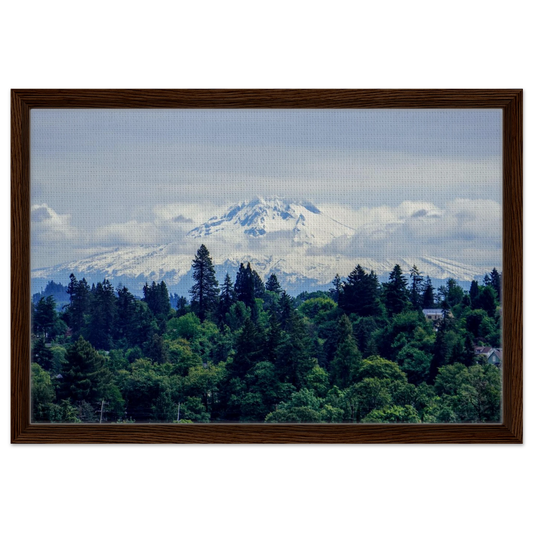 Snow-covered Mount Hood rising above green Oregon trees as premium Pacific Northwest mountain canvas wall art.