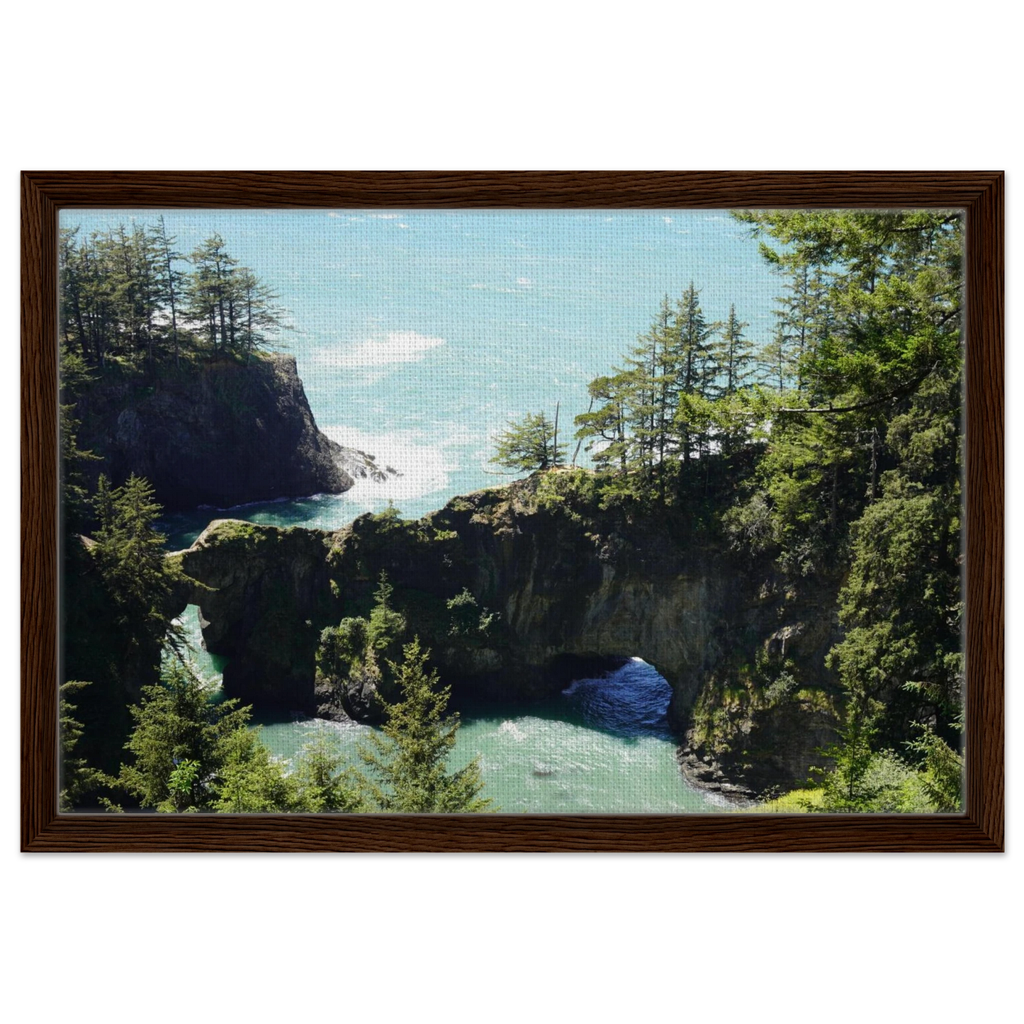 Natural Bridges on the Oregon coast with evergreen cliffs and bright Pacific water as canvas wall art.