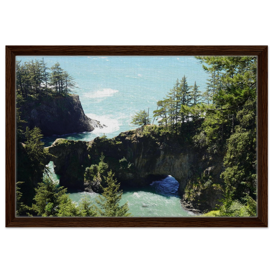 Natural Bridges on the Oregon coast with evergreen cliffs and bright Pacific water as canvas wall art.