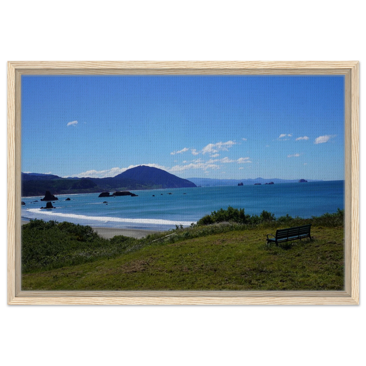 Bench overlooking the Oregon coast with blue Pacific water and distant headlands as canvas wall art.