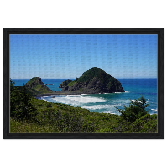 Oregon coast sea stack and blue Pacific shoreline viewed from above as canvas wall art.