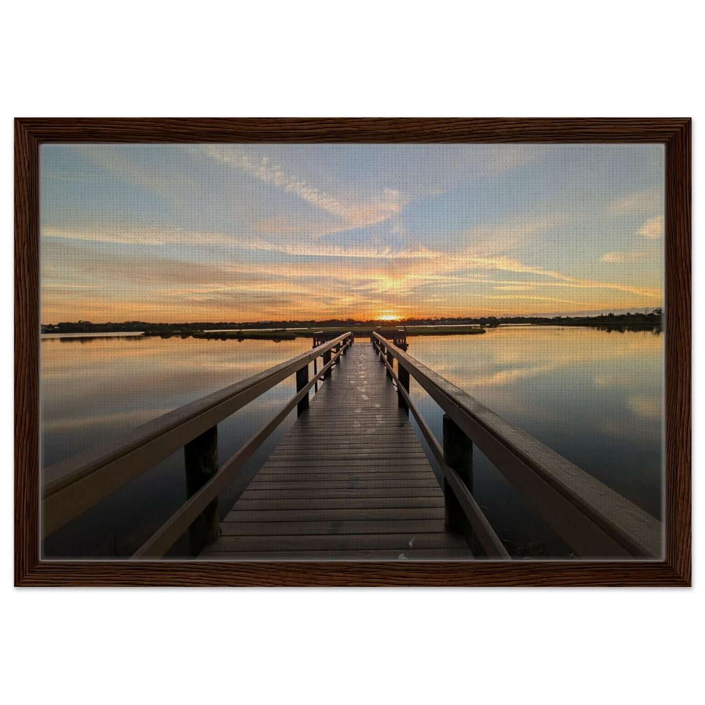 Wooden dock extending into a glowing salt water marsh at sunrise as premium coastal wall art.