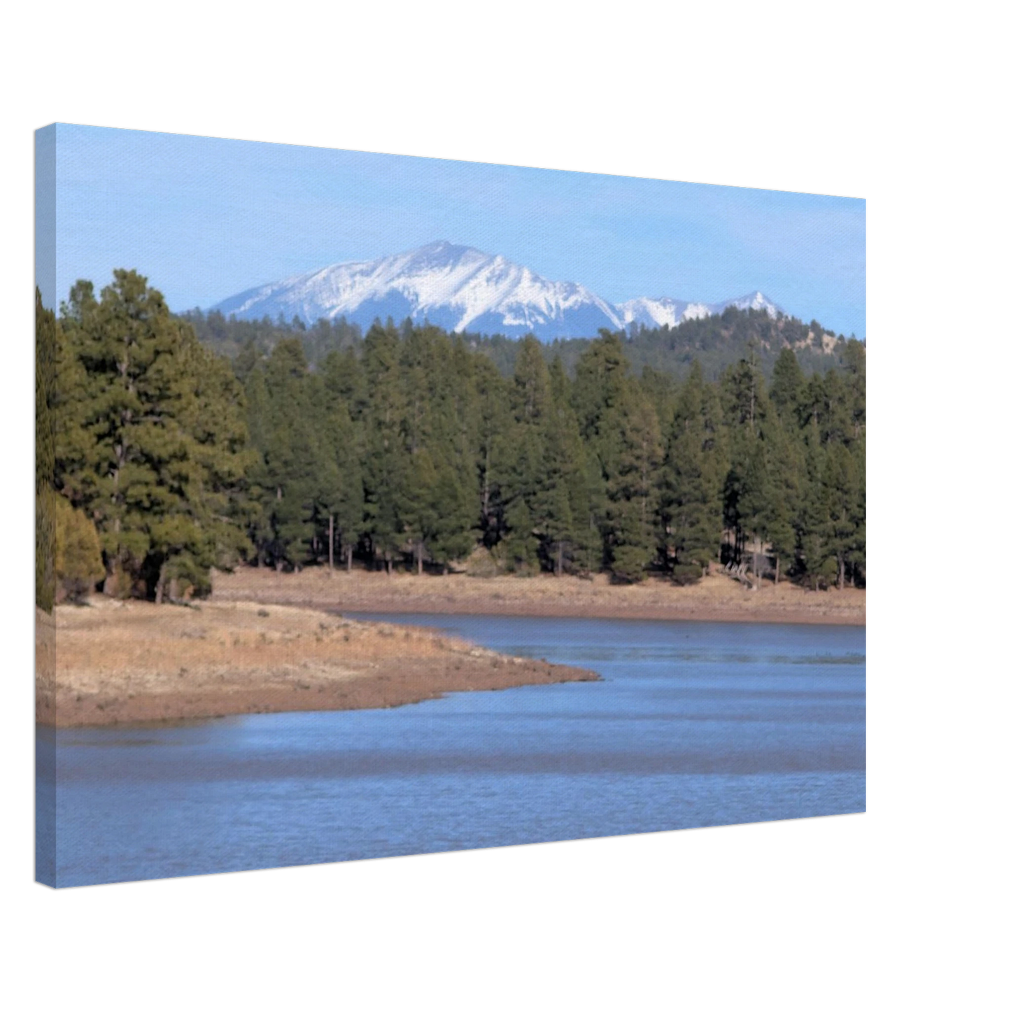 San Francisco Peaks rising beyond a quiet Arizona lake and pine forest as premium mountain canvas wall art.