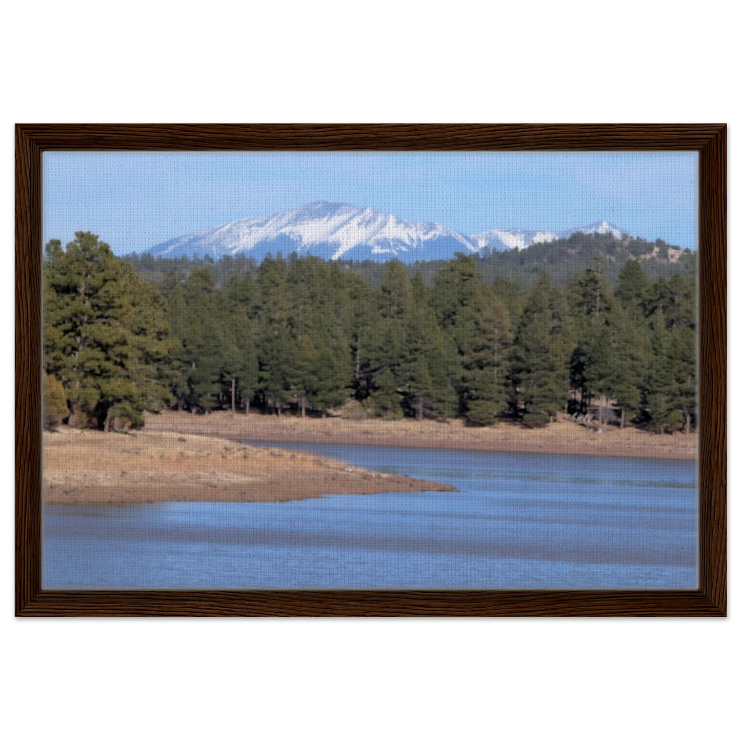 San Francisco Peaks rising beyond a quiet Arizona lake and pine forest as premium mountain canvas wall art.