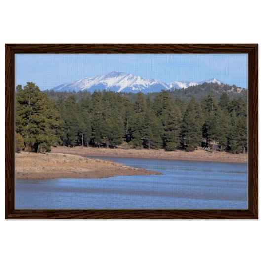 San Francisco Peaks rising beyond a quiet Arizona lake and pine forest as premium mountain canvas wall art.