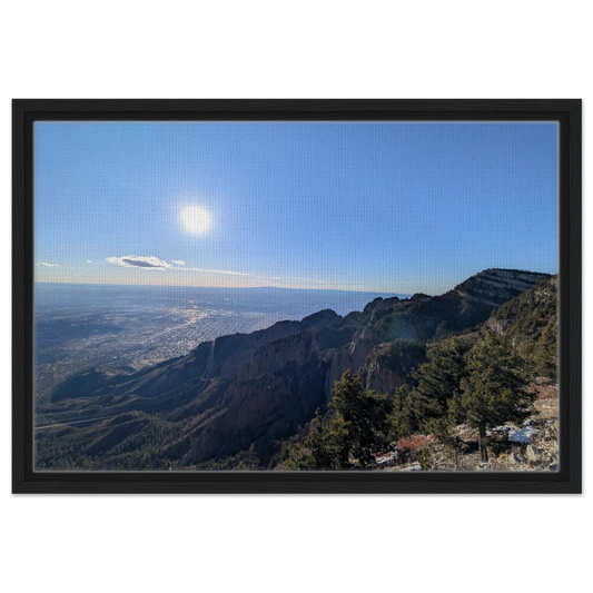 Panoramic view from Sandia Crest overlooking New Mexico's rugged mountains and high desert landscape.