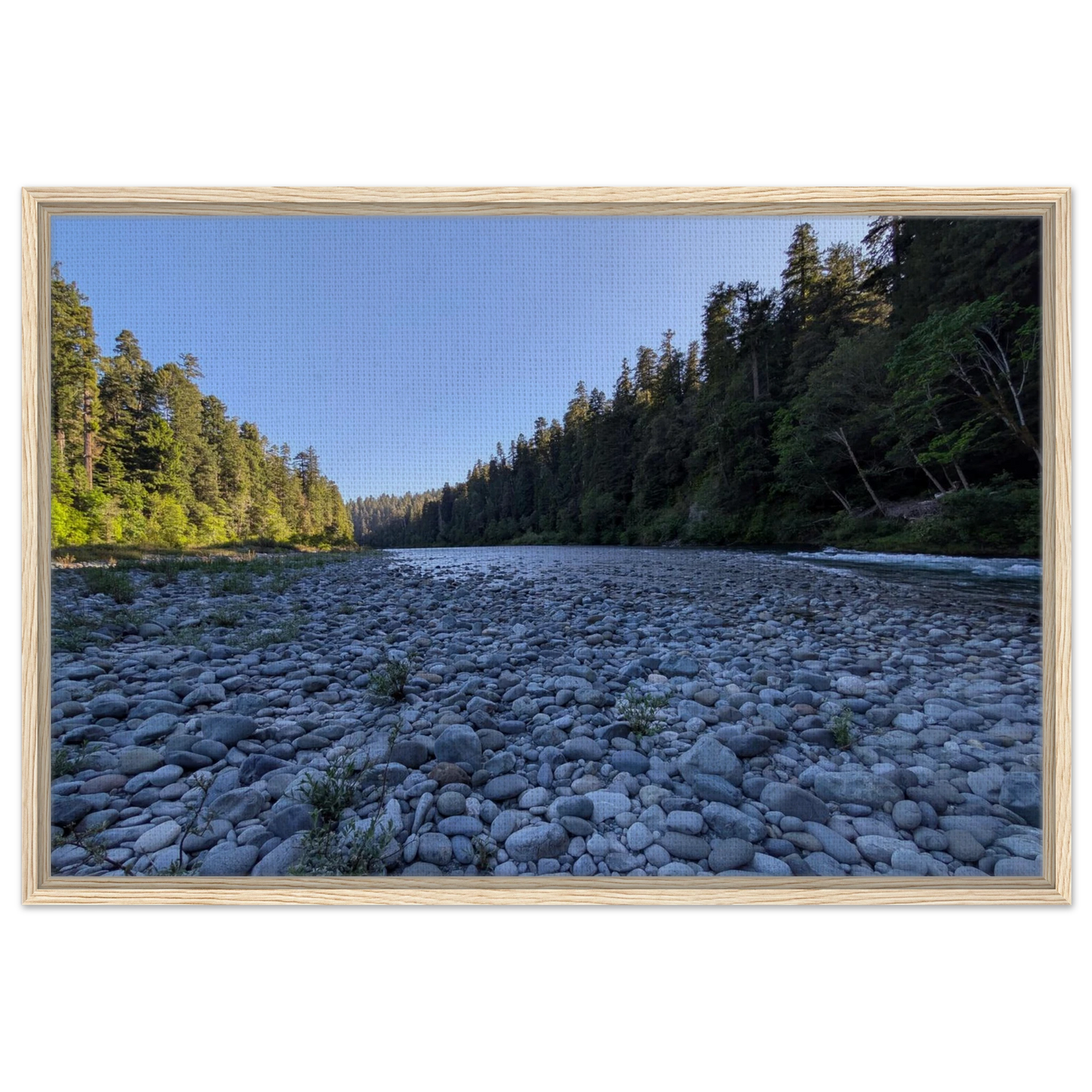 Smith River with rocky riverbed and forested canyon walls in Northern California as canvas wall art.