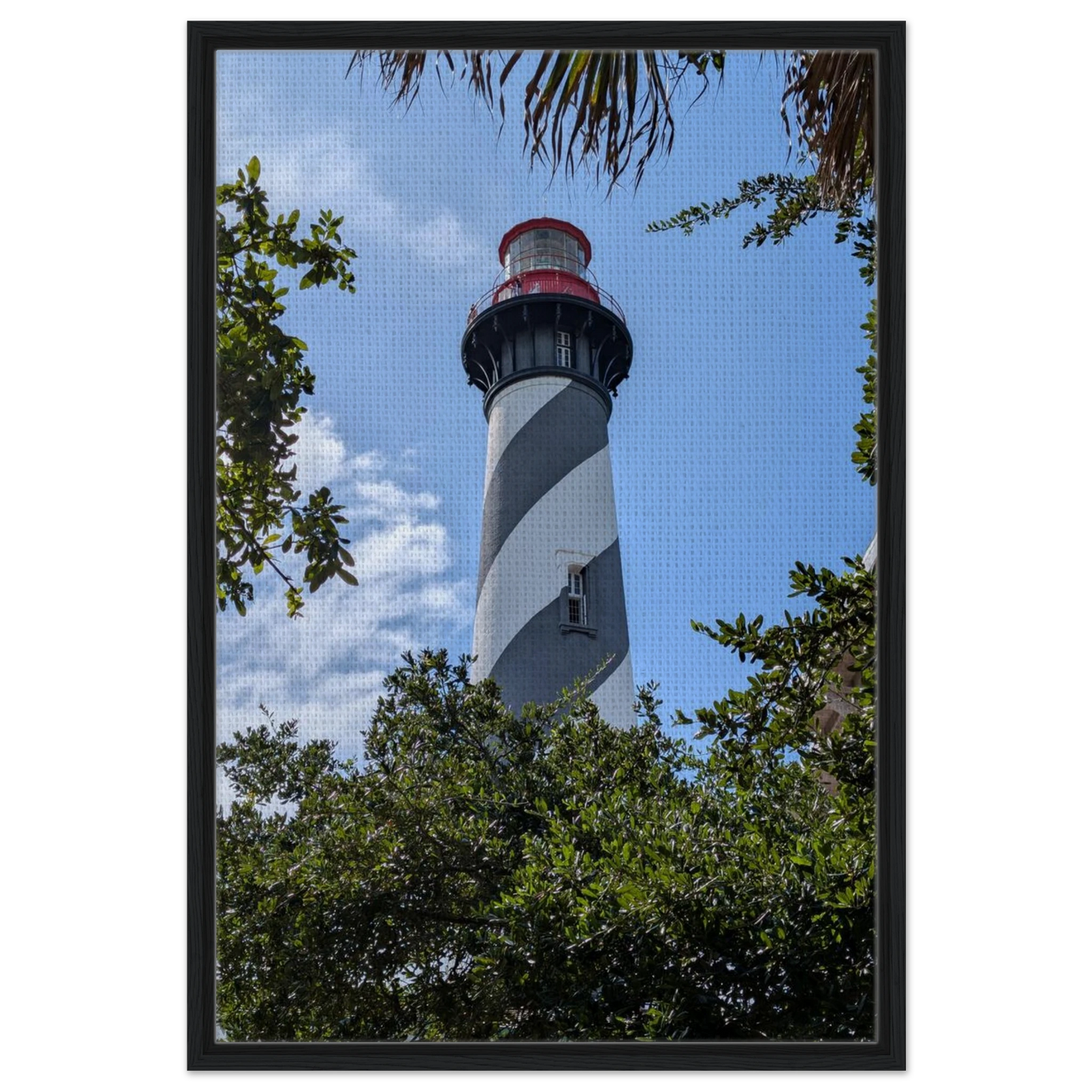 Historic St. Augustine Lighthouse photographed beneath blue Florida skies as premium coastal wall art.