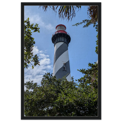 Historic St. Augustine Lighthouse photographed beneath blue Florida skies as premium coastal wall art.