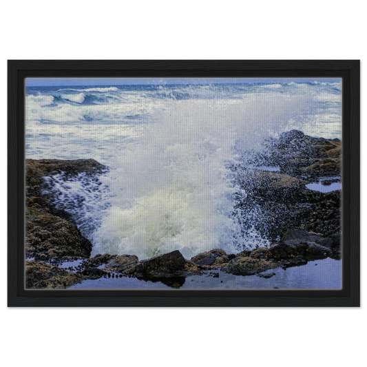 Thor's Well on the Oregon coast with crashing surf and rugged rocks as canvas wall art.