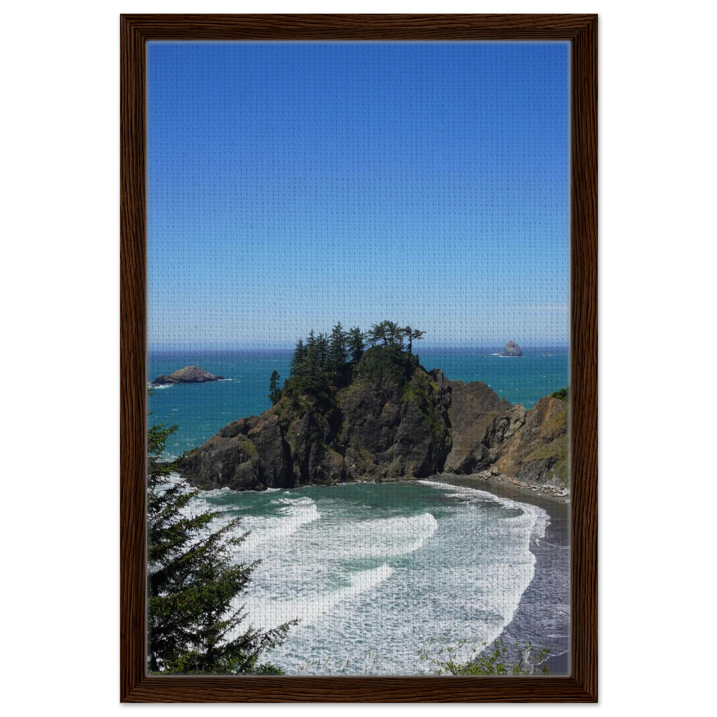 Trees growing on a rocky Oregon coast sea stack above blue Pacific water as canvas wall art.