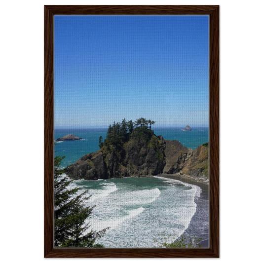 Trees growing on a rocky Oregon coast sea stack above blue Pacific water as canvas wall art.