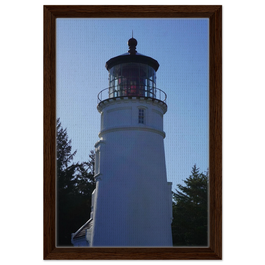 Umpqua River Lighthouse on the Oregon coast beneath a clear blue sky as canvas wall art.