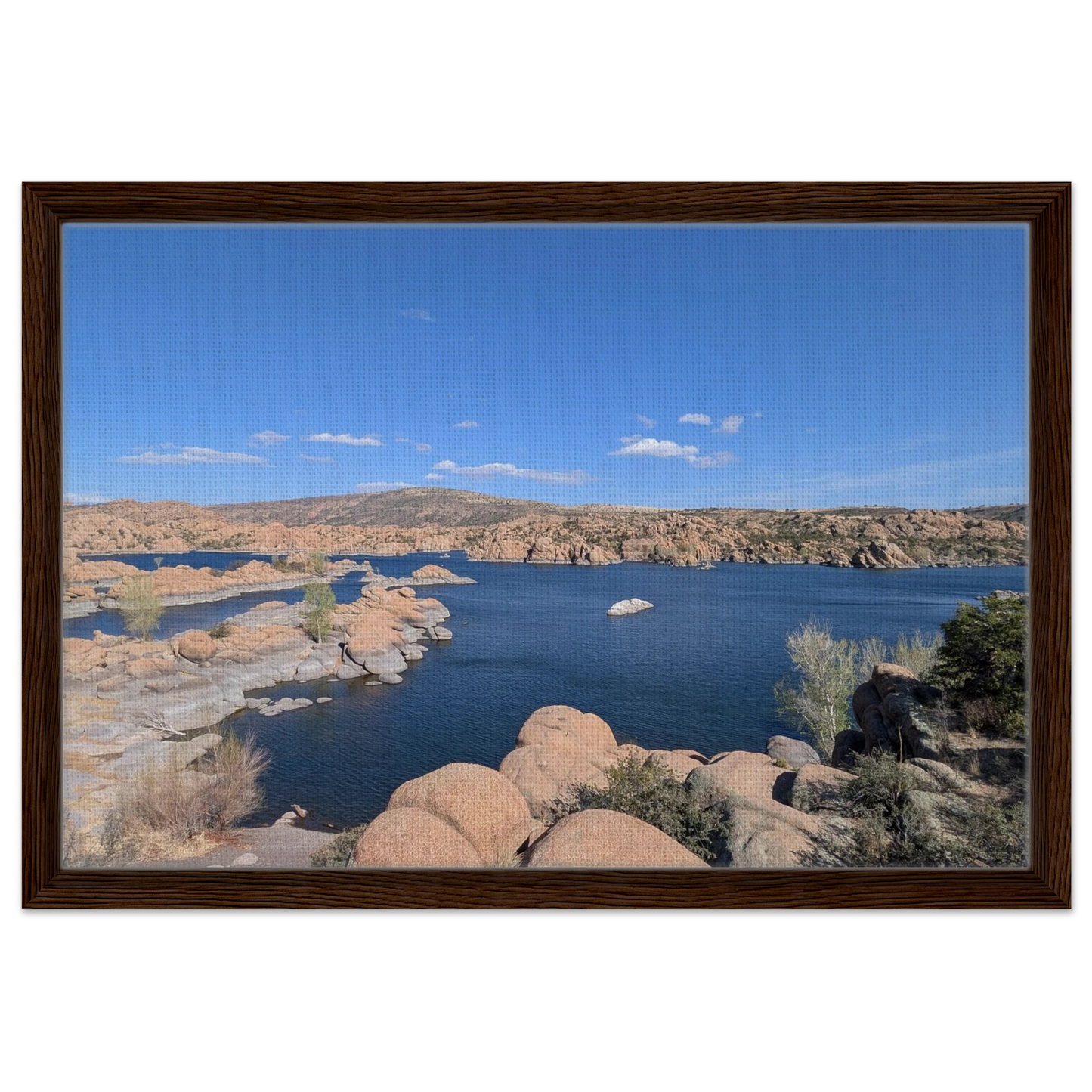 Watson Lake Arizona with blue water and desert rock formations as premium canvas wall art.