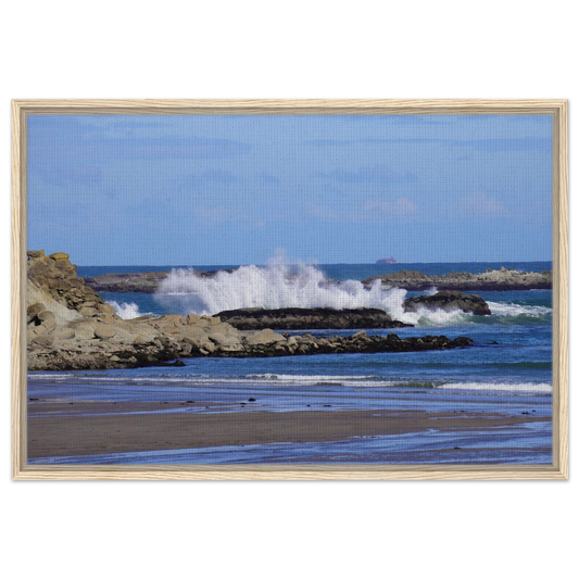 Pacific wave crashing over rugged rocks on the Oregon coast as canvas wall art.