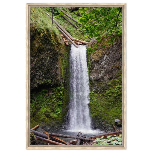 Wiesendanger Falls framed by moss and forest greenery as canvas wall art.